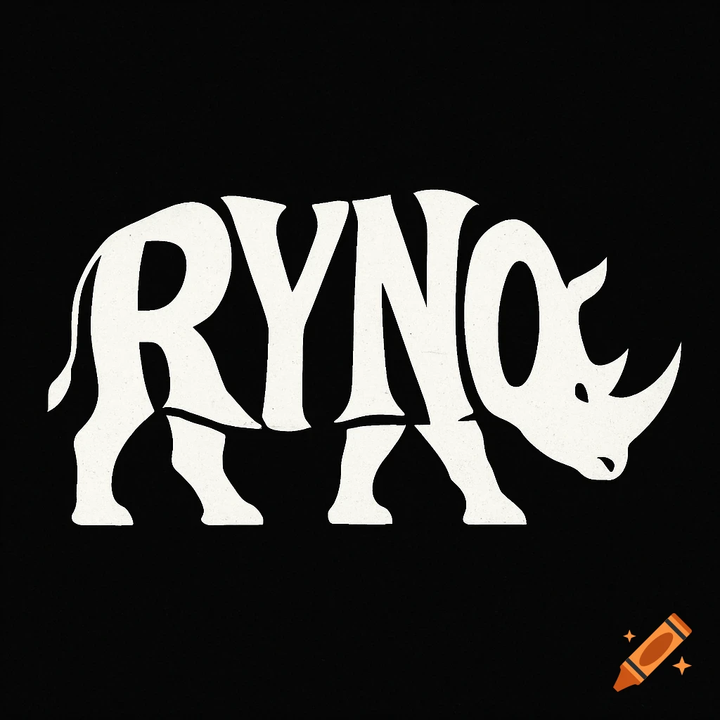 A white wordmark of 'RYNO' forms the silhouette of a rhino against a black background.