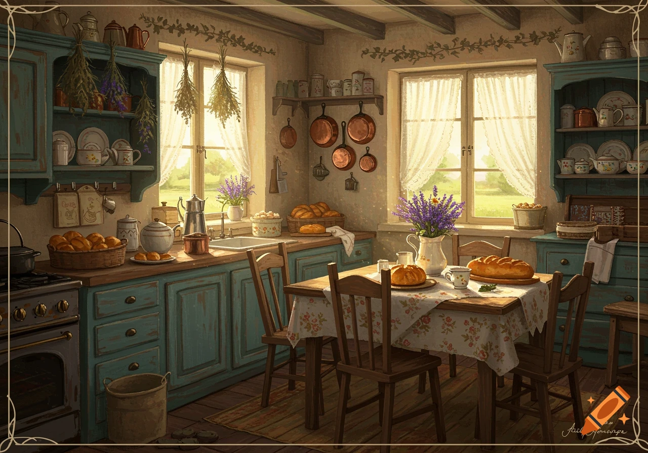 A rustic cottagecore kitchen with a wooden table set with bread, sunlit windows with sheer curtains, and teal cabinets.