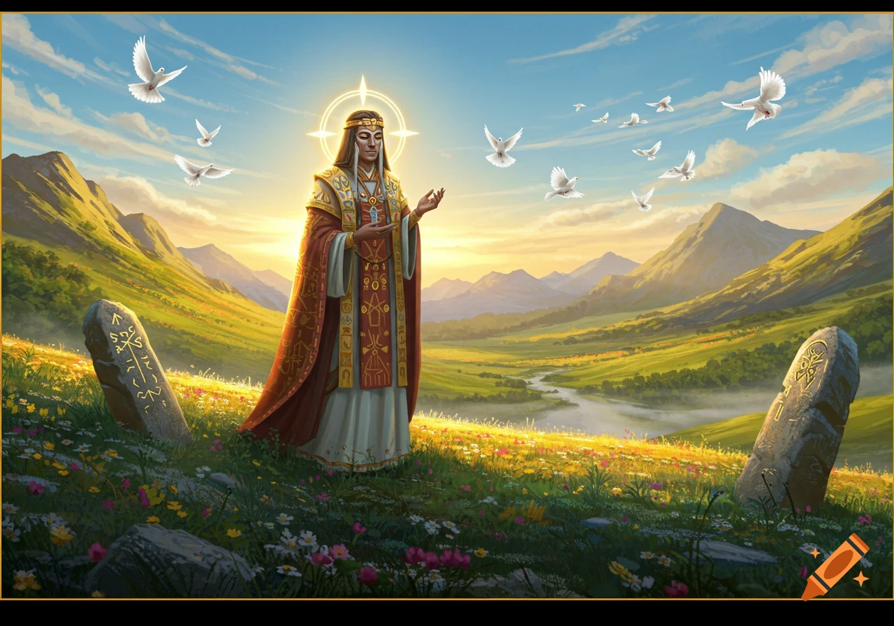 A robed religious leader with a halo stands in a vibrant, flower-filled mountain valley with doves flying around them at sunset, in a fantasy art style.