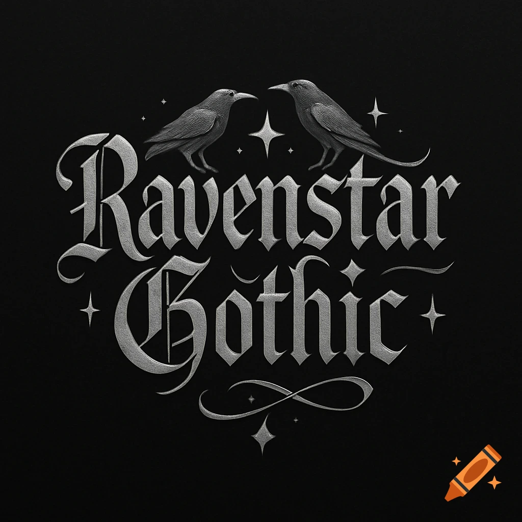 Silver gothic logo with 'Ravenstar Gothic' text, two ravens, and stars on a black background.
