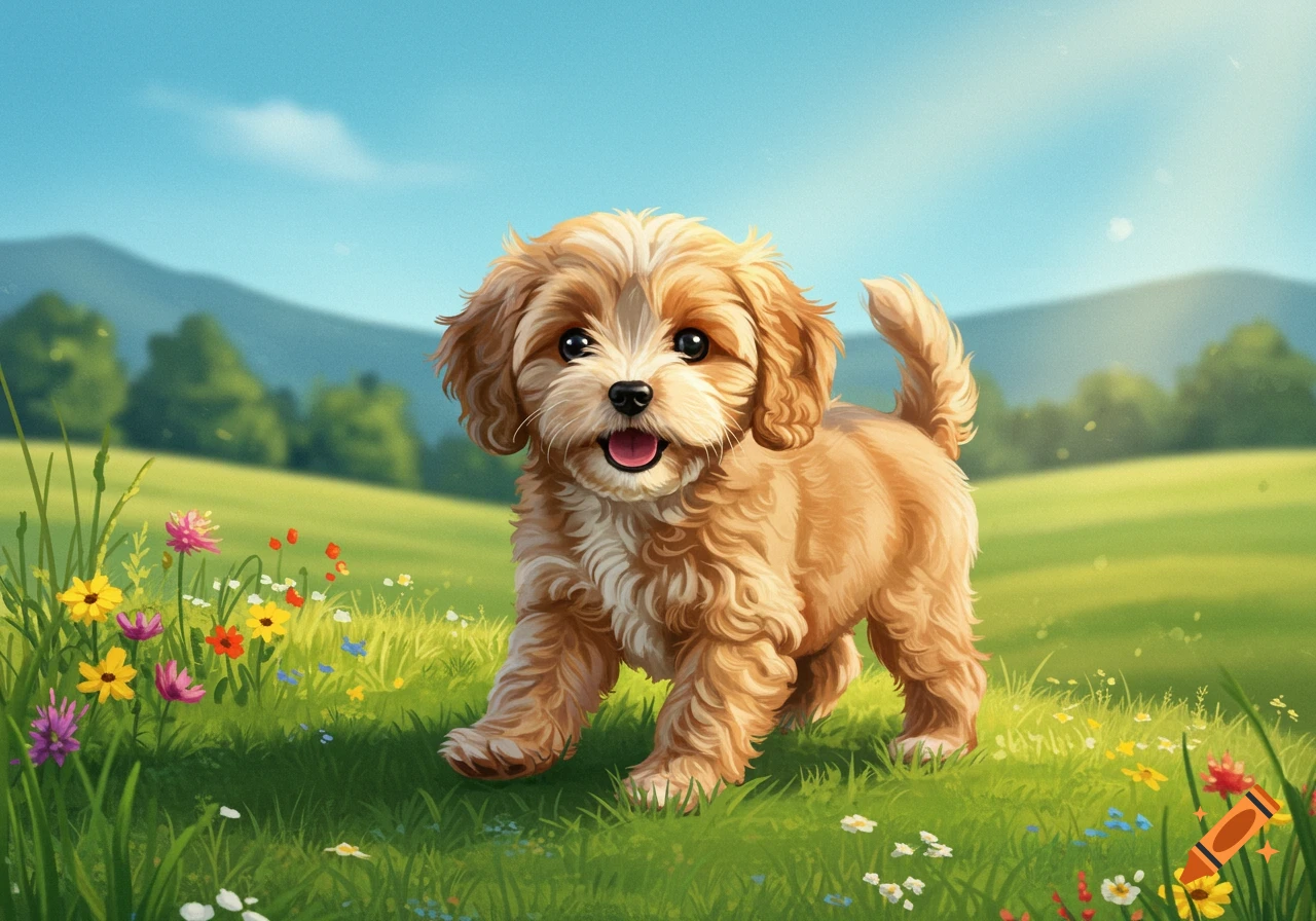 A cute fluffy light brown and white puppy happily walks through a vibrant green field filled with colorful wildflowers under a bright blue sky.