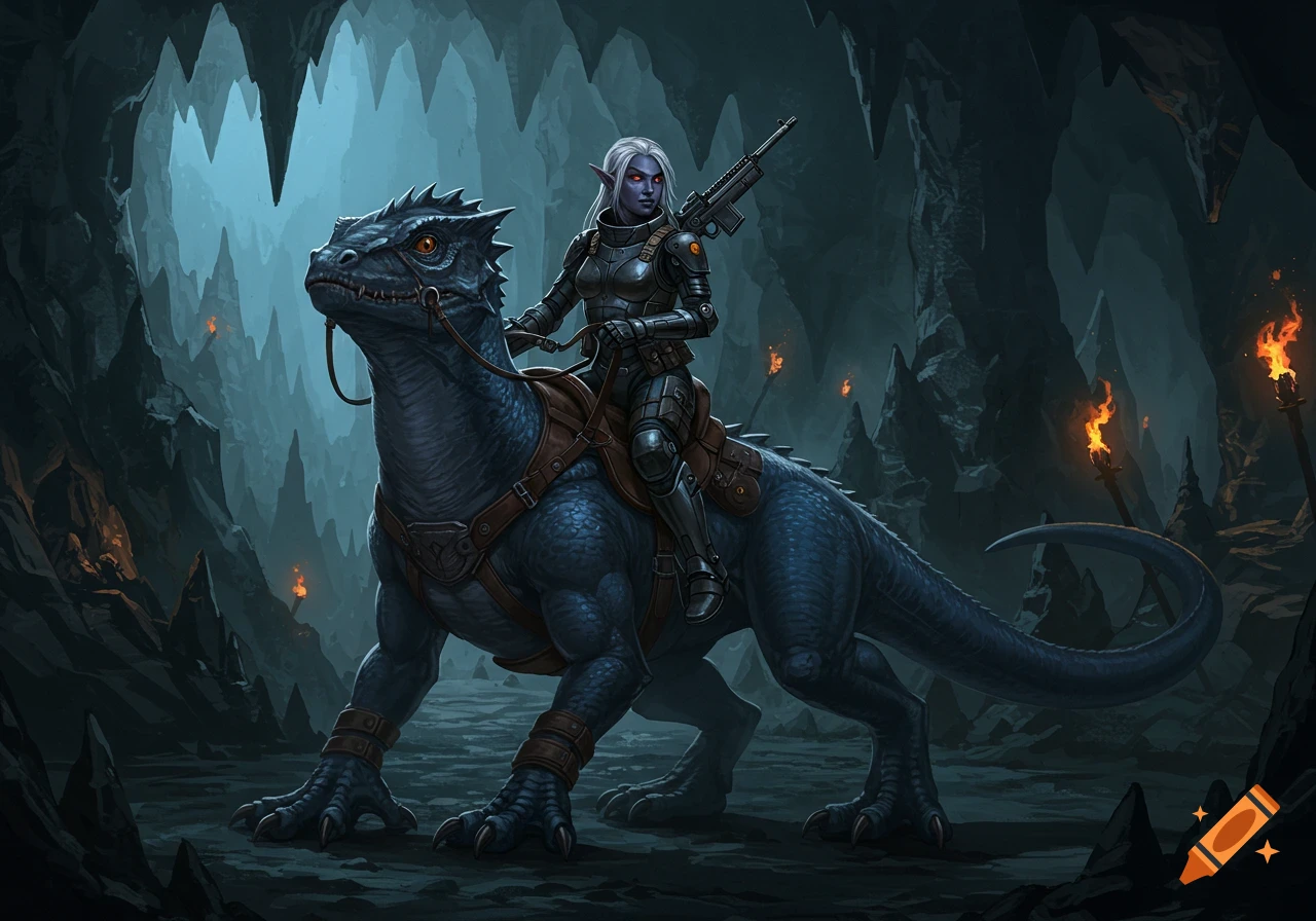 A drow warrior in dark armor with a rifle rides a large blue reptilian creature through a torchlit cave.