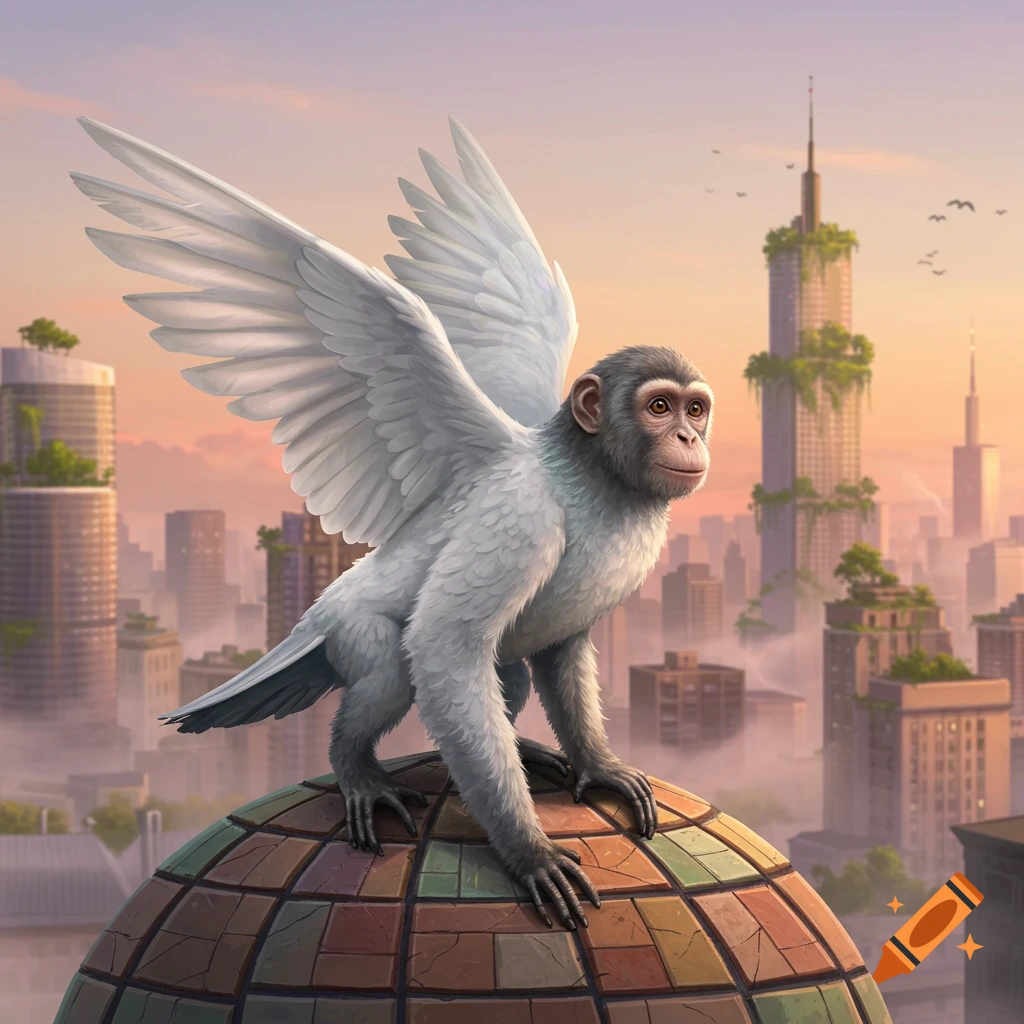 A grey monkey with large white wings perches on a colorful dome, overlooking a sunset city with overgrown buildings. Digital painting.