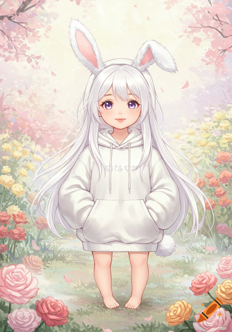 Anime girl with white hair, bunny ears, and tail in an oversized white hoodie, standing barefoot in a vibrant flower field under cherry blossoms.