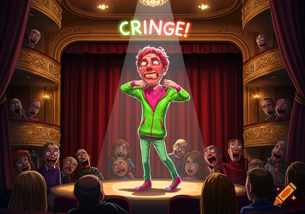 A cartoon of a person on stage looking embarrassed under a 'CRINGE!' sign, as an audience reacts with horror.