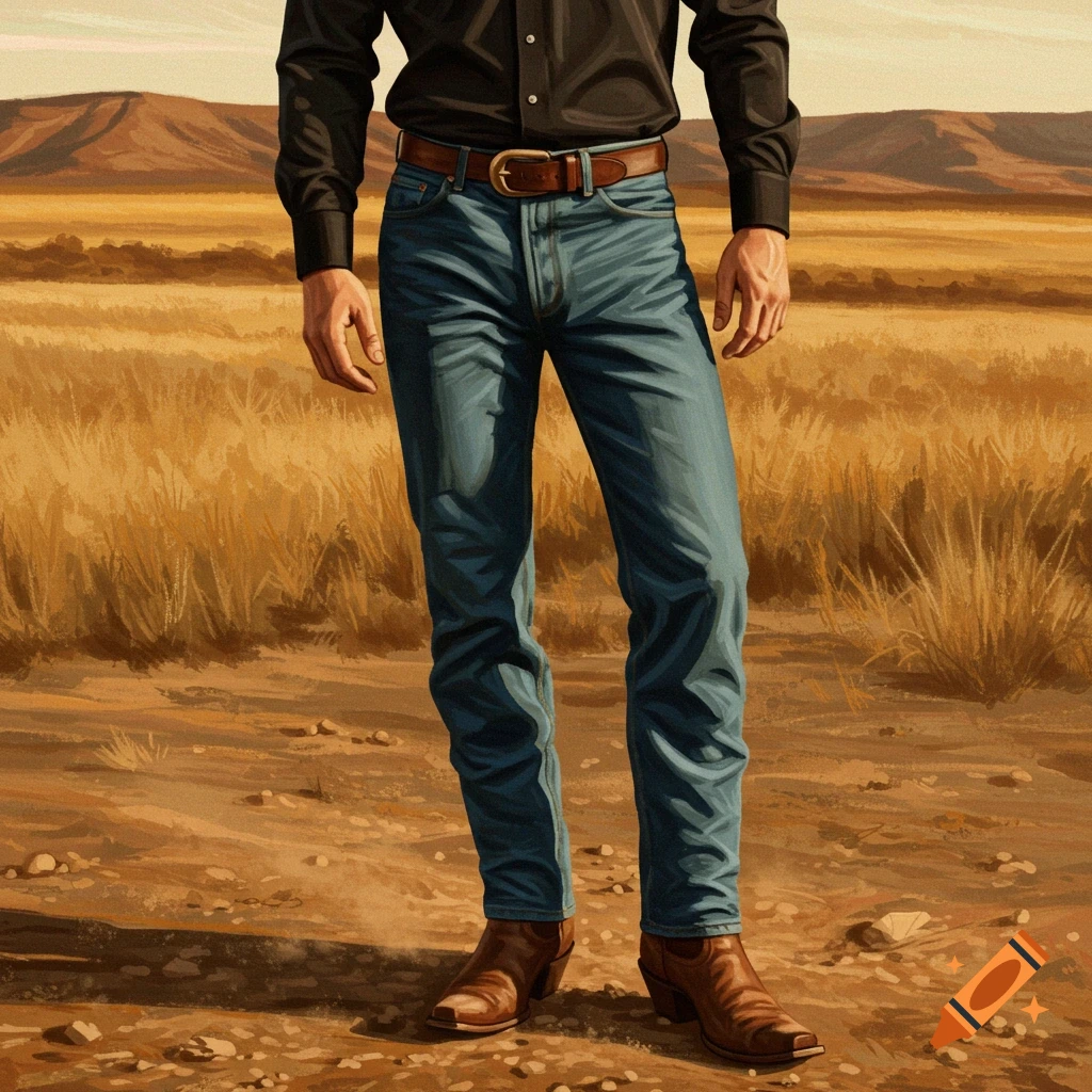 A man in a black long-sleeve shirt, blue jeans, and brown cowboy boots stands in a dry, grassy field with hills in the background.