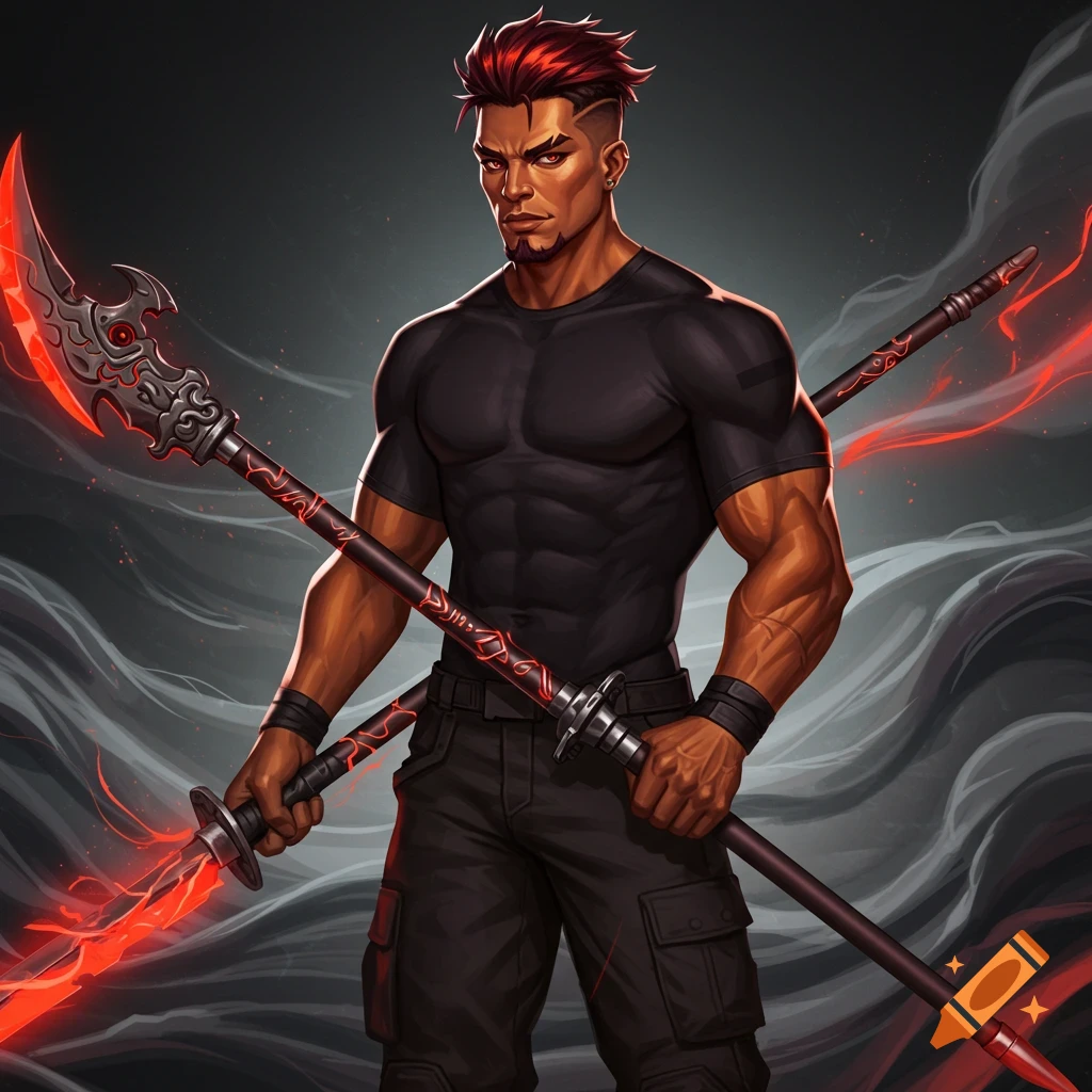 Stylized illustration of a muscular man with red hair holding a glowing red naginata against a smoky background.