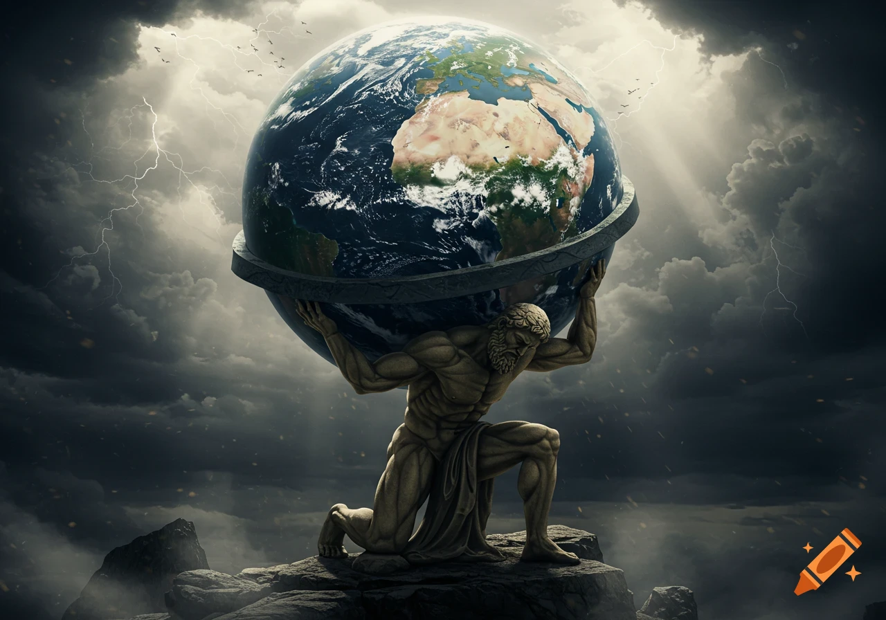 A muscular stone statue of Atlas kneels, holding up a large detailed globe of the Earth under a dramatic stormy sky with lightning.