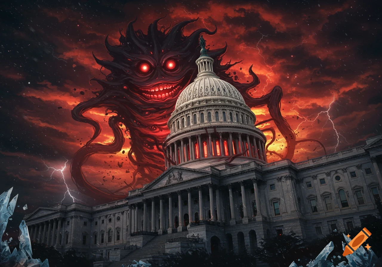 A terrifying, dark, tentacled monster with glowing red eyes and a wide grin looms over the US Capitol building under a stormy red sky with lightning.