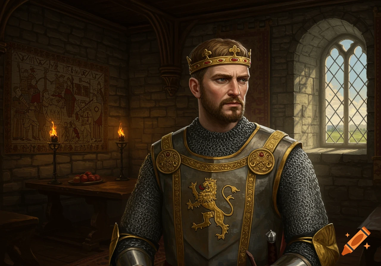 A portrait of a medieval king in ornate golden armor and a crown, standing in a stone castle room.