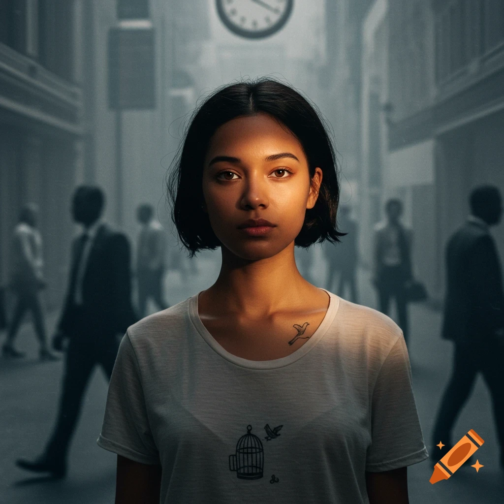 A young woman with warm amber skin stands still amidst a blurry, monochrome city street with people rushing past.