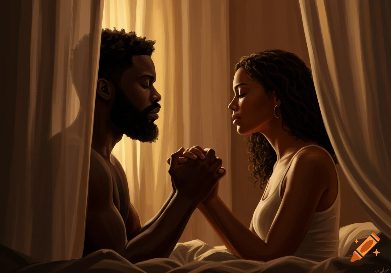 A photorealistic image of a Black man and woman, eyes closed, holding hands and praying in a dimly lit bedroom.