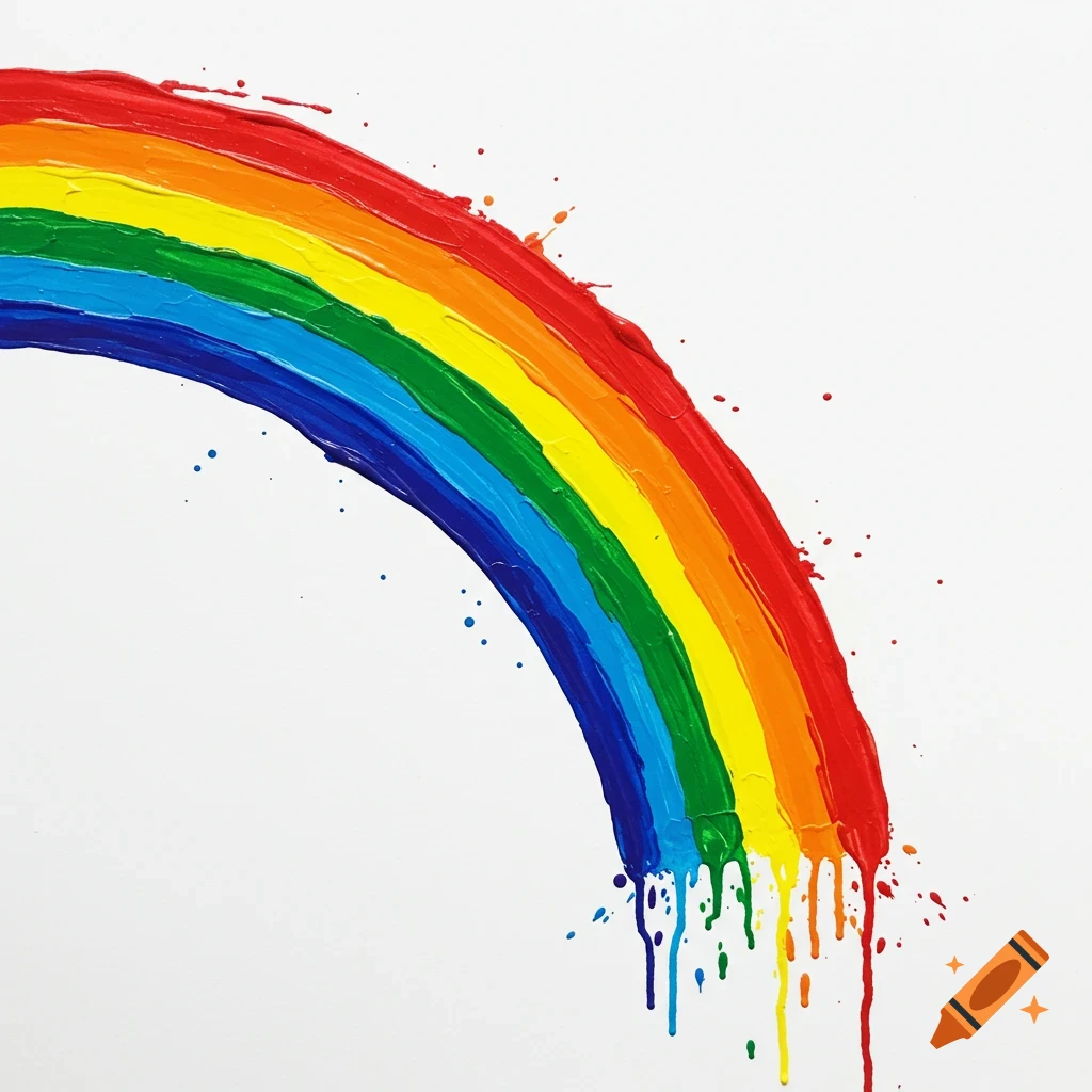 A vibrant painted rainbow with thick, wet strokes and colorful drips against a plain white background.