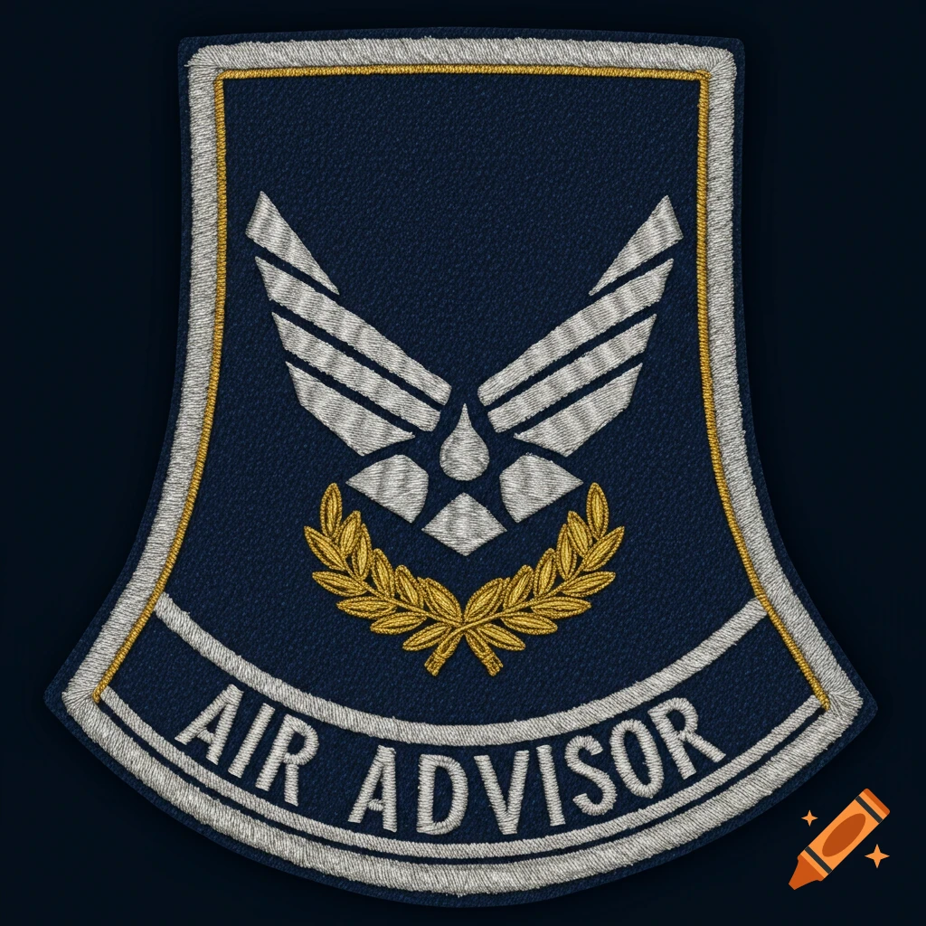 A close-up of a dark blue military patch with a silver winged emblem, a gold laurel wreath, and the words "AIR ADVISOR" embroidered in white.