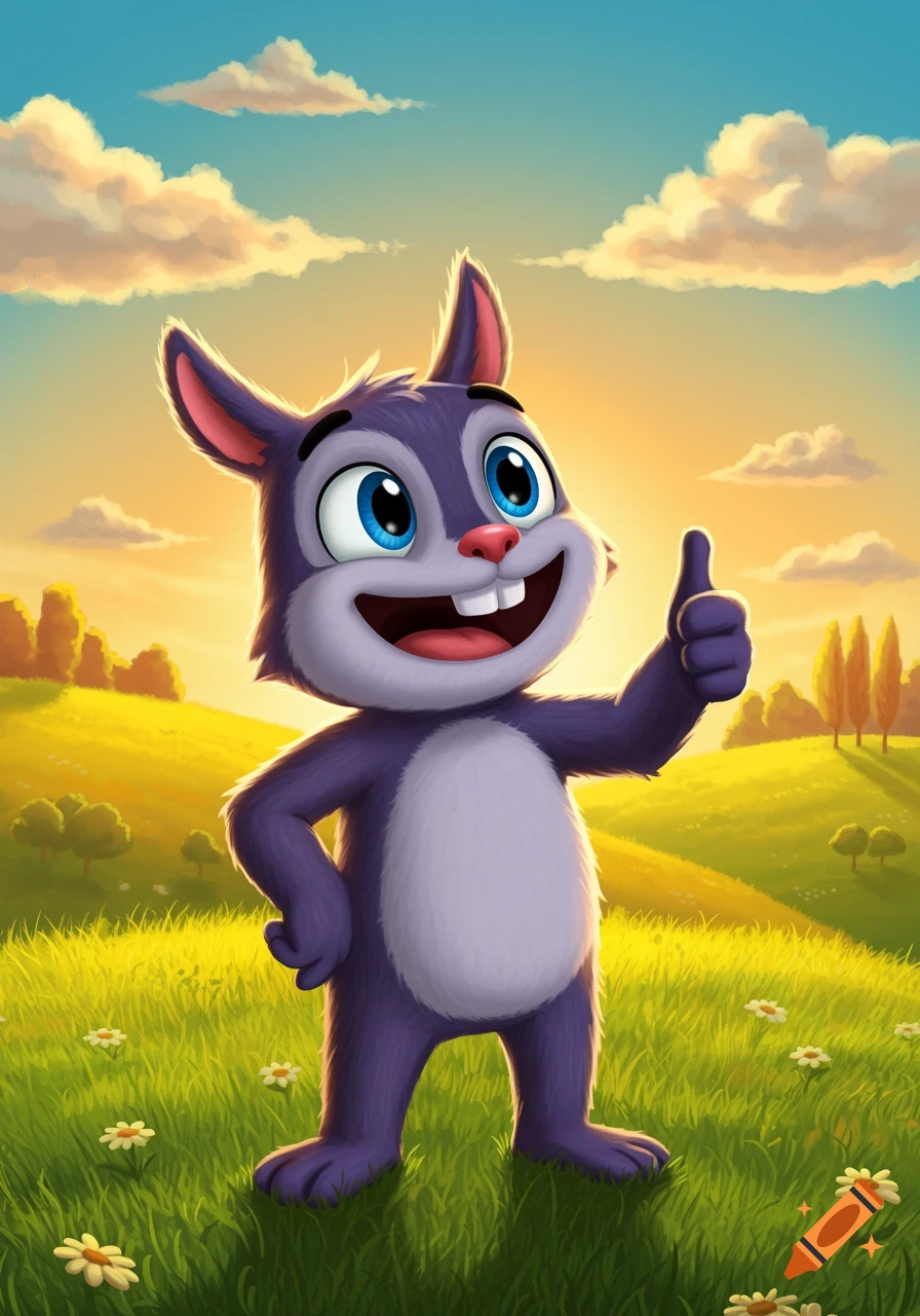 A cheerful purple cartoon rabbit with big blue eyes gives a thumbs up in a sunny, green field with a sunset sky.