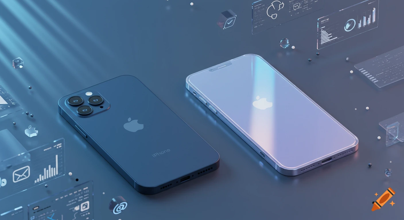 Two photorealistic iPhones, one dark blue and one light purple, lie on a reflective surface surrounded by holographic tech displays.