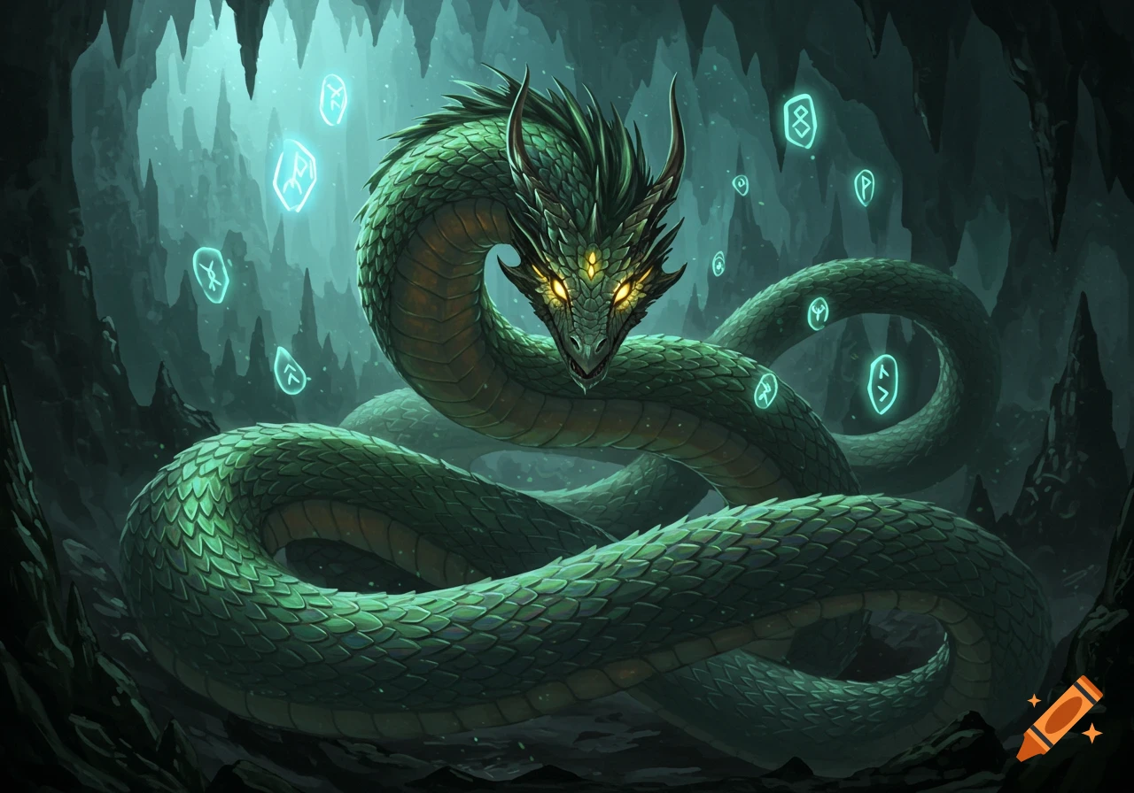 A majestic green scaled dragon with glowing yellow eyes in a dark cave, surrounded by floating blue runes.