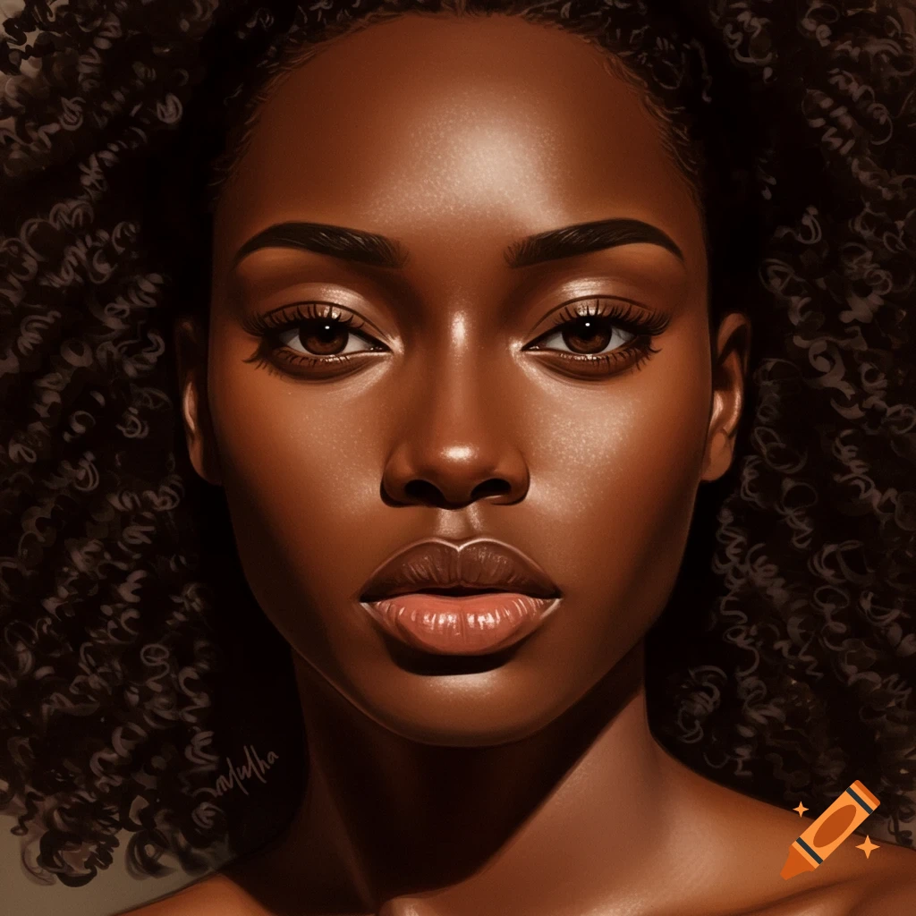 Close-up photorealistic portrait of a woman with dark skin and curly hair, featuring striking eyes and lips.