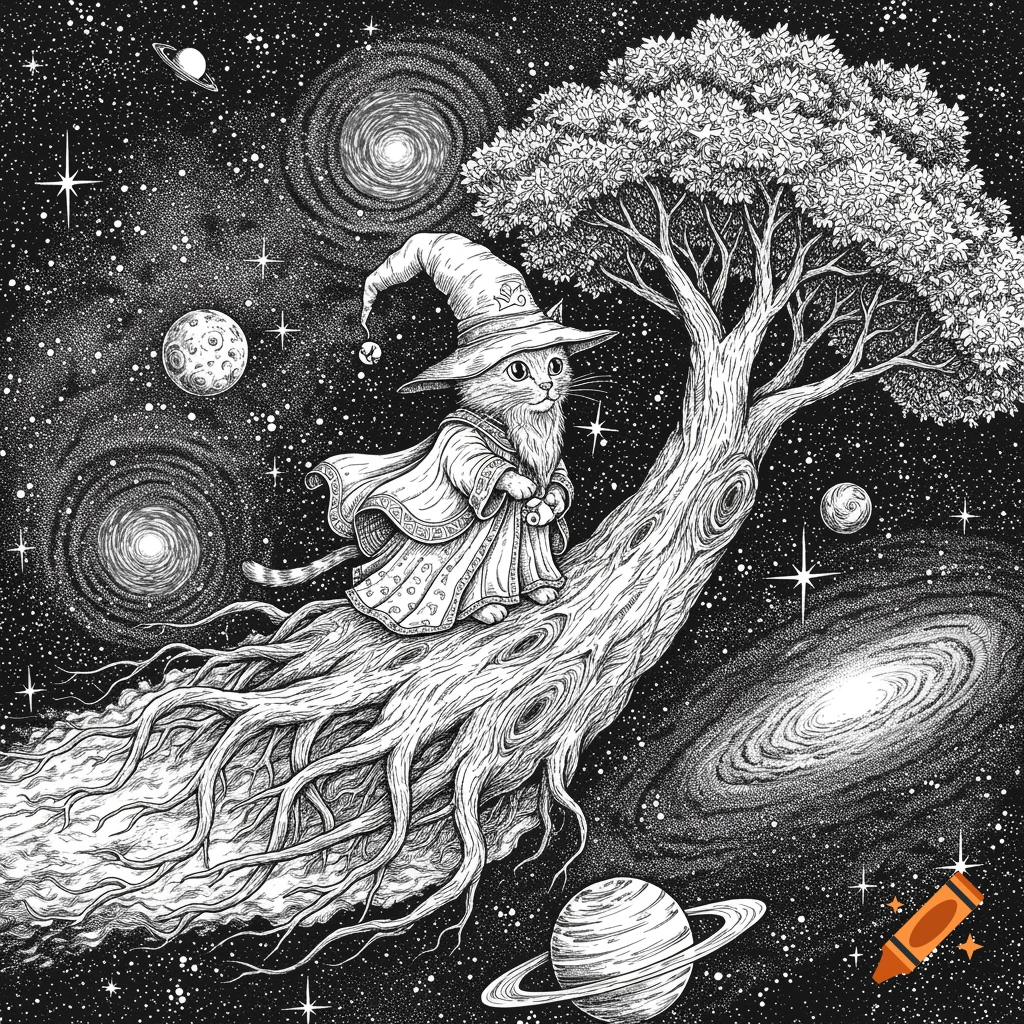 A black and white line art illustration of a wizard cat riding a tree through outer space, surrounded by stars and planets.