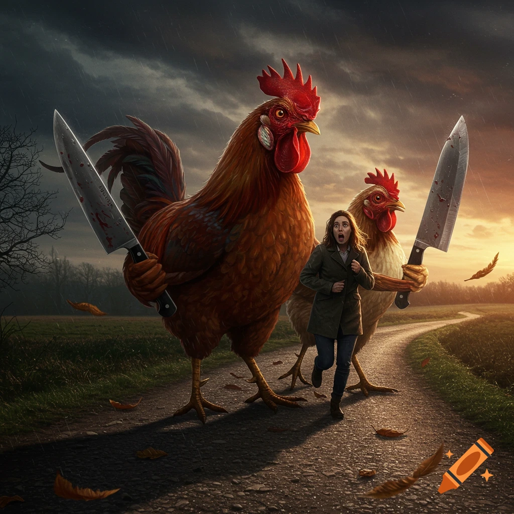Two giant roosters with bloody knives chase a terrified woman down a dirt path under a stormy sky with a sunset.