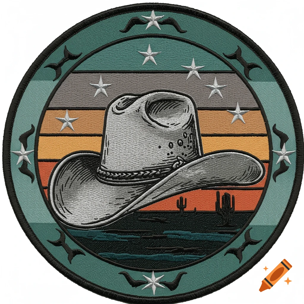 A circular embroidered patch design with a grey cowboy hat, desert cacti, and stars against a striped sunset background.