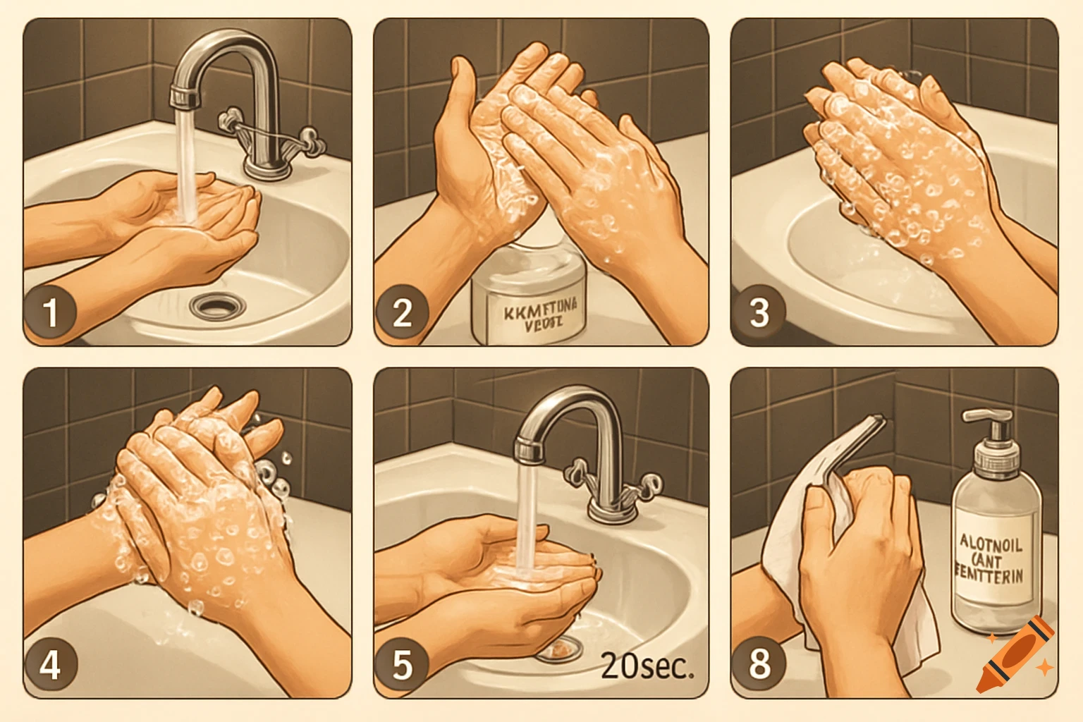 An instructional illustration showing six steps for proper handwashing, including wetting hands, applying soap, lathering, rinsing, and drying at a sink.
