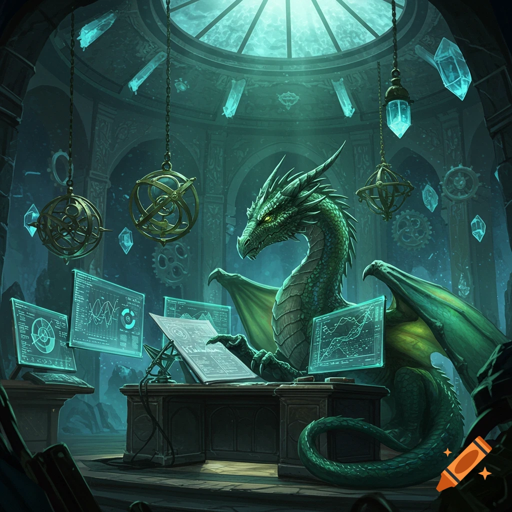 A green dragon sits at a desk, studying glowing holographic screens displaying charts and graphs, in a grand, domed chamber.