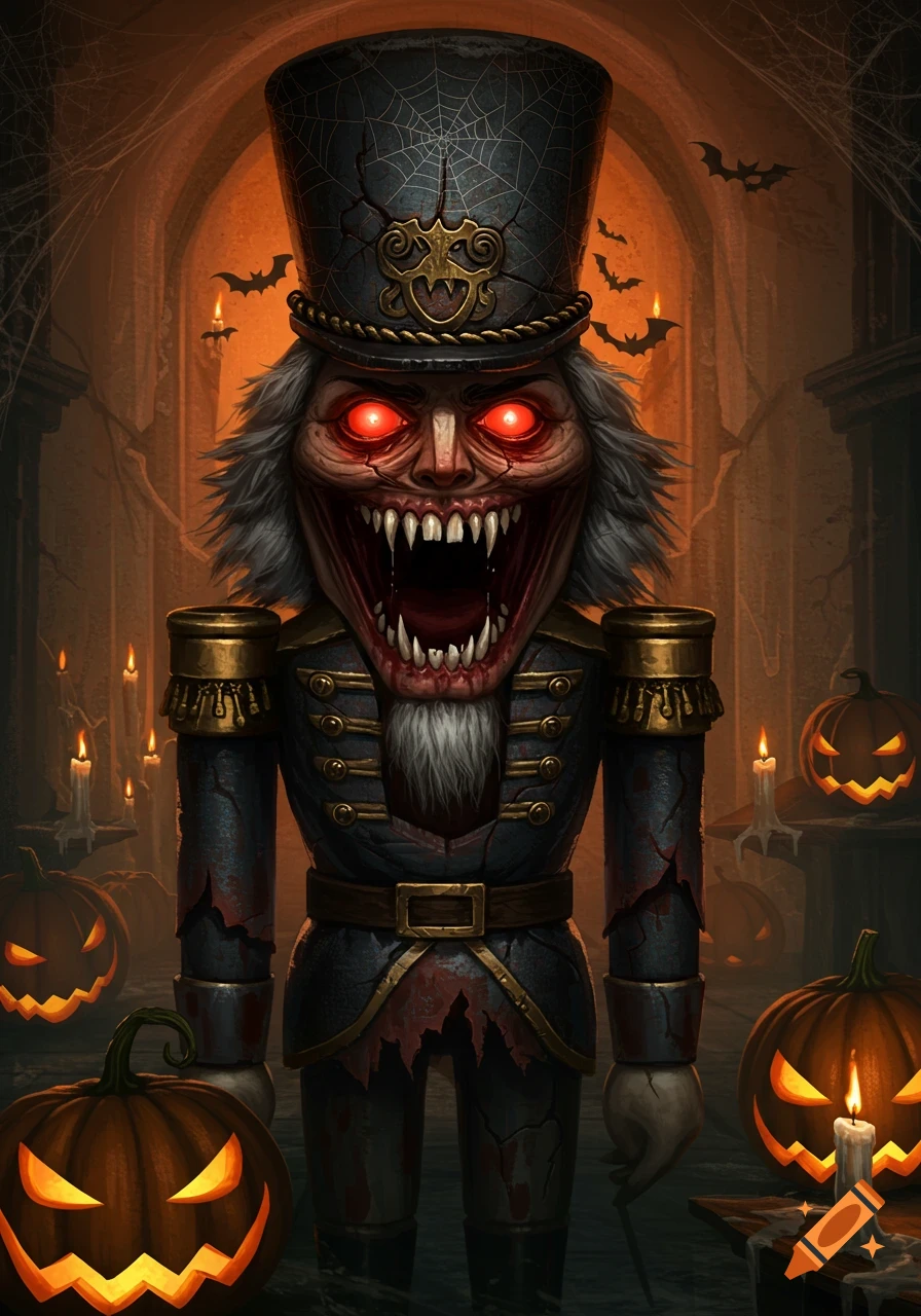 A terrifying Halloween-themed nutcracker with glowing red eyes and sharp teeth, surrounded by jack-o'-lanterns and bats in a gloomy archway.