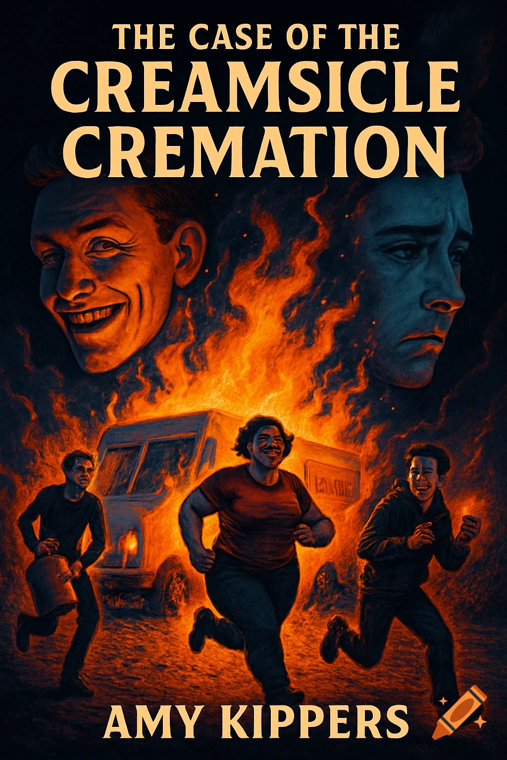 A mystery thriller novel cover depicting a burning ice cream truck with three people running away in the foreground, two large faces (one happy, one sad) in the fiery background, and the title 'The Case of the Creamsicle Cremation' with author 'Amy Kippers'.