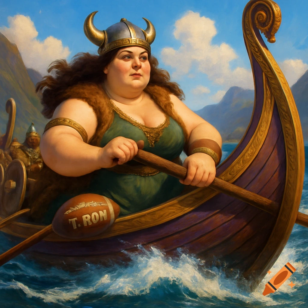 A chubby Viking woman with dark brown hair and a horned helmet rows a purple and gold longboat across rough seas. A football with 'T. RON' on it rests in the boat.