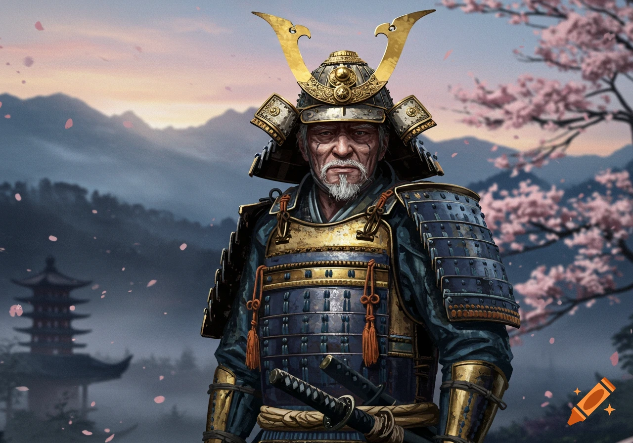 An old Japanese samurai soldier in ornate gold and dark blue armor with a white beard stands against a backdrop of mountains, a pagoda, and cherry blossoms at sunset.