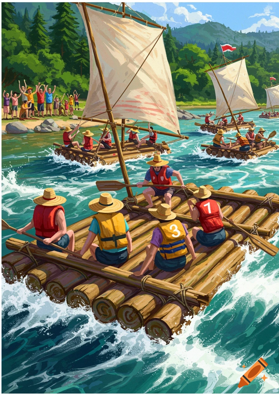 Animated illustration of people in a river raft race, with spectators on the bank and mountains in the background.