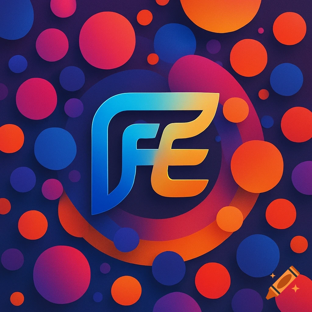 A vibrant abstract logo with stylized letters 'FE' in blue and orange, surrounded by colorful circles.
