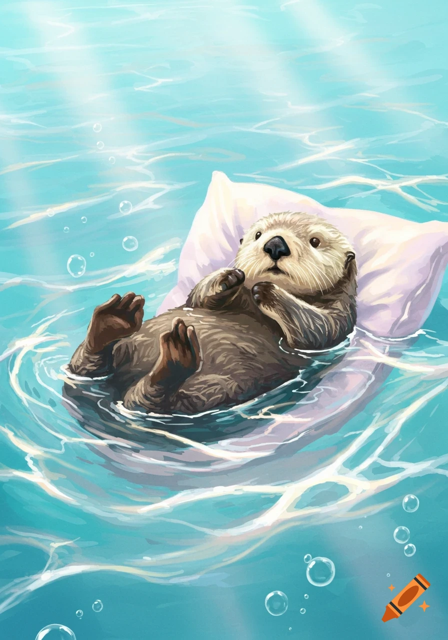 An illustrated sea otter floats on its back on a white pillow in clear blue water with bubbles and light rays.