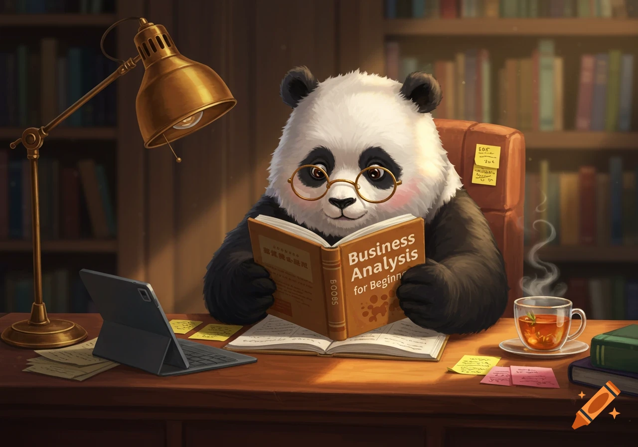 A cute panda wearing glasses reads a book titled 'Business Analysis' at a desk in a library, with a laptop and tea nearby.