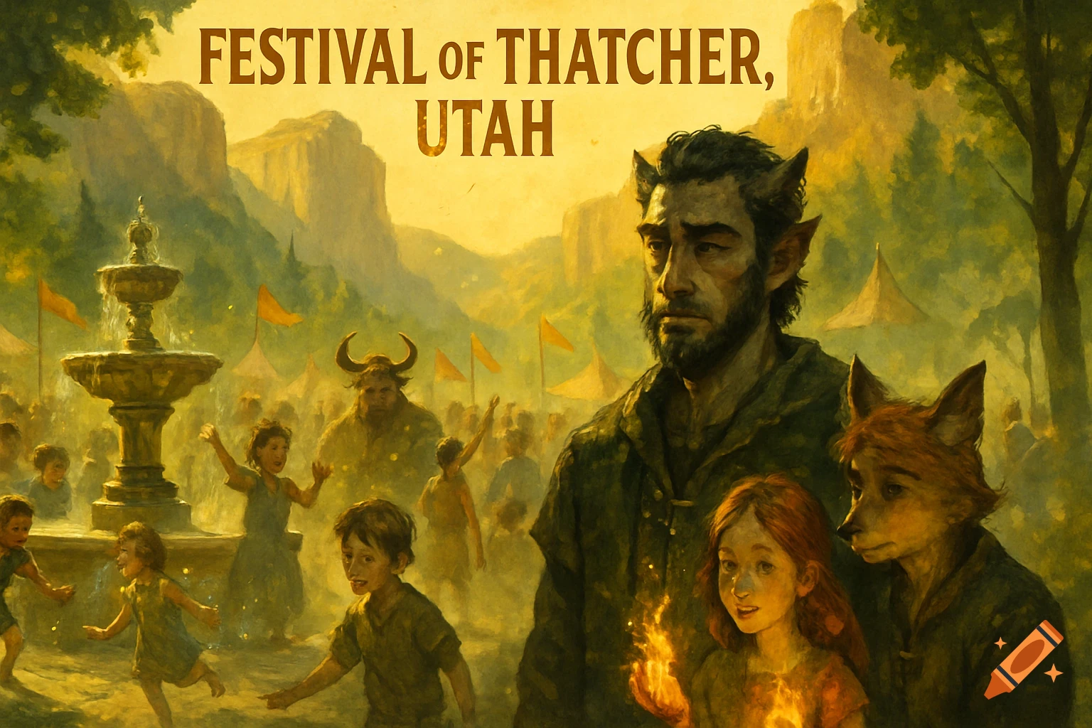 A painting of a fantasy festival in Thatcher, Utah, showing a man with animal ears, a fox-like creature, and a girl with glowing hands among a crowd.