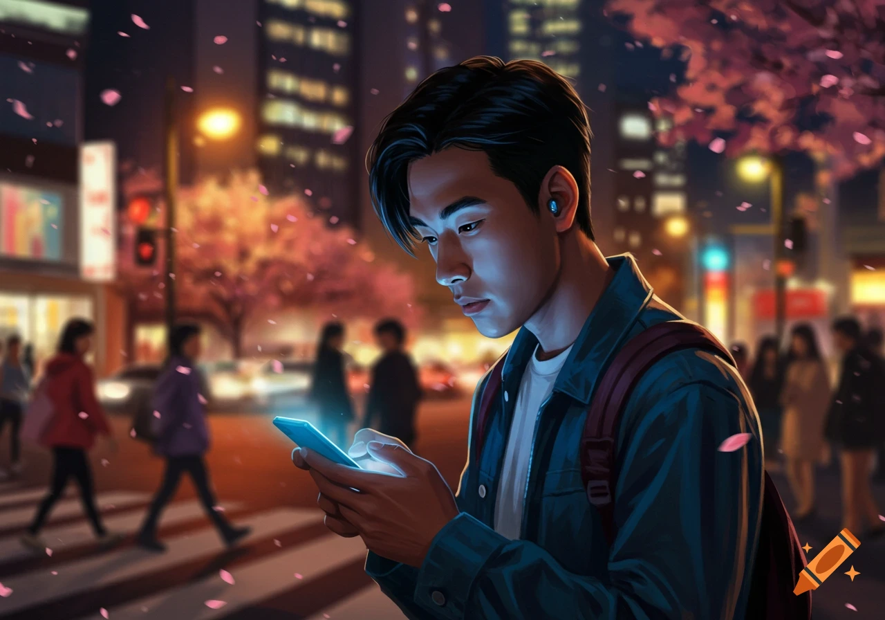 A young man with an earbud looks at his glowing phone on a busy city street at night with cherry blossoms falling.