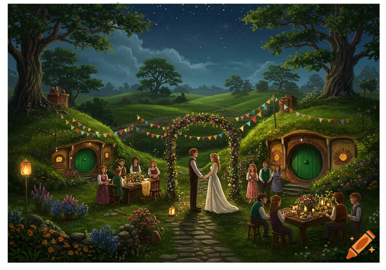 A whimsical wedding ceremony takes place at night in a hobbit-like village, with a couple holding hands under a floral arch, surrounded by guests, festive banners, and illuminated hobbit holes under a starry sky.