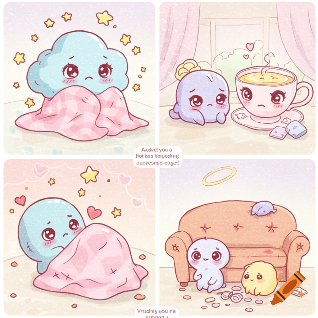 A four-panel kawaii-style illustration depicting sad, cute blob-like and cloud-like creatures under blankets, with a sad teacup, and in front of a couch, surrounded by stars and hearts, conveying themes of anxiety and depression.