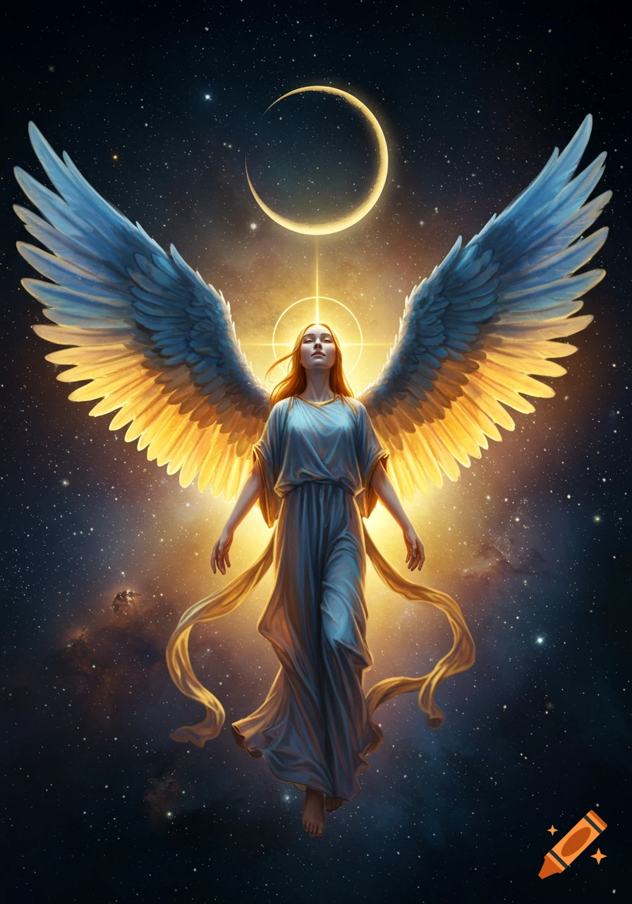 An ethereal angel with large golden and blue wings floats in a starry night sky with a crescent moon above.