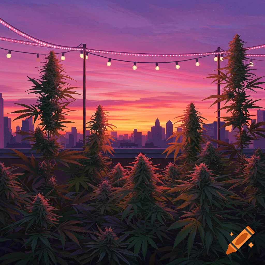 An illustration of a rooftop cannabis garden with a city skyline against a vibrant pink and orange sunset.