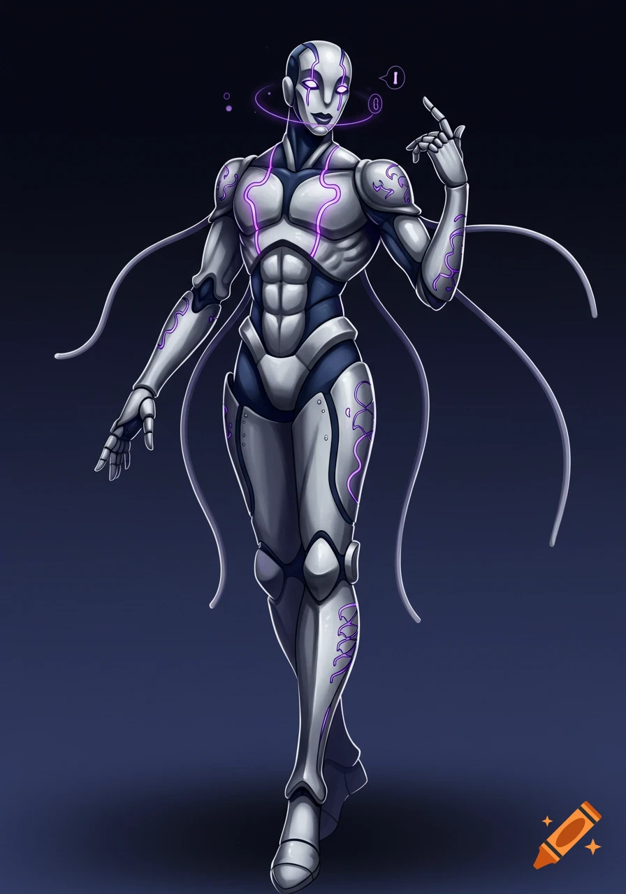 A tall humanoid robot in metallic silver and midnight blue armor with glowing violet accents and tendrils, on a dark background.