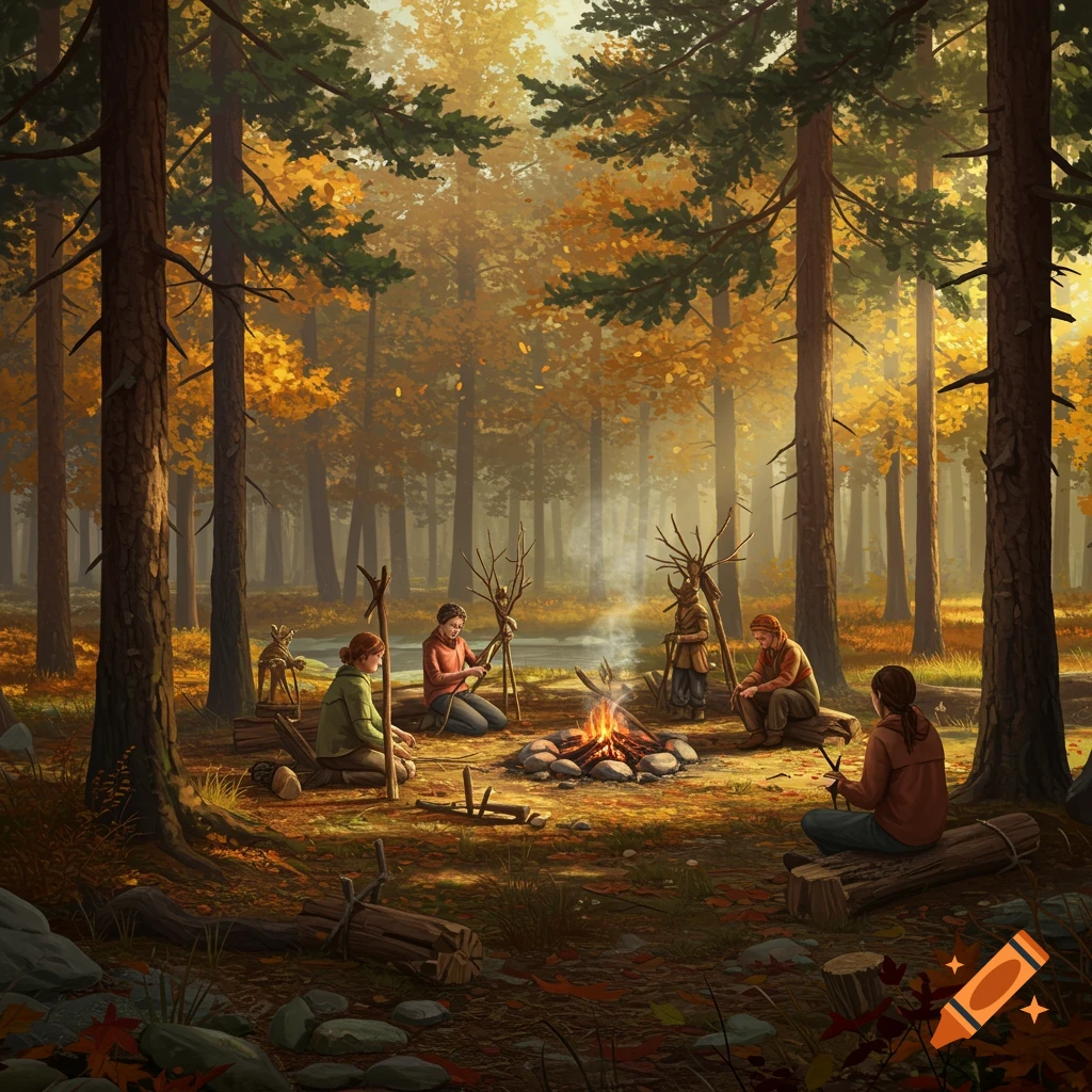 People gather around a campfire in an autumn forest, working on bushcraft projects with branches and sticks.