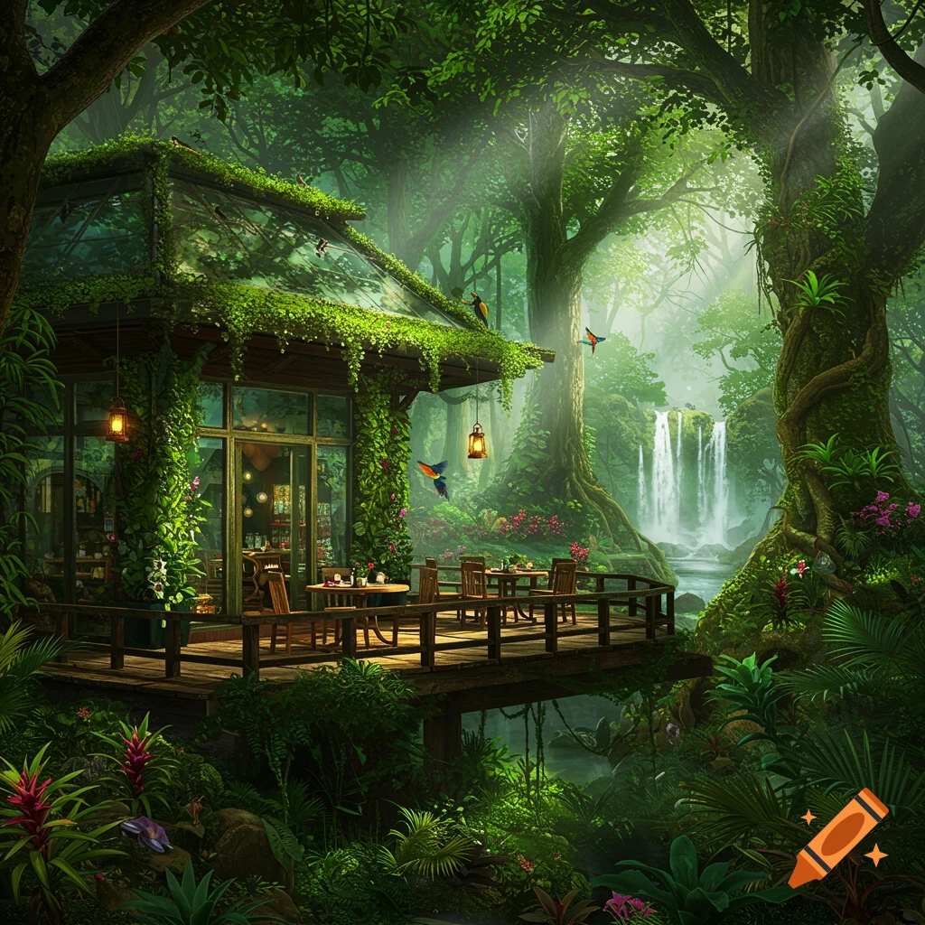 A lush, vibrant cafe with a wooden deck nestled in a dense rainforest beside a cascading waterfall.