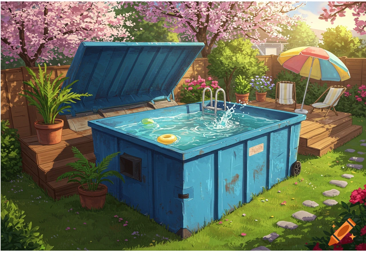 An illustration of a blue dumpster transformed into a swimming pool in a vibrant backyard with cherry blossom trees and a deck.