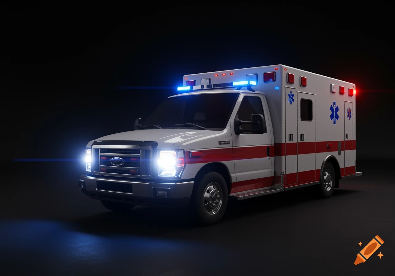 A white ambulance with red stripes and blue flashing lights stands on a dark background.