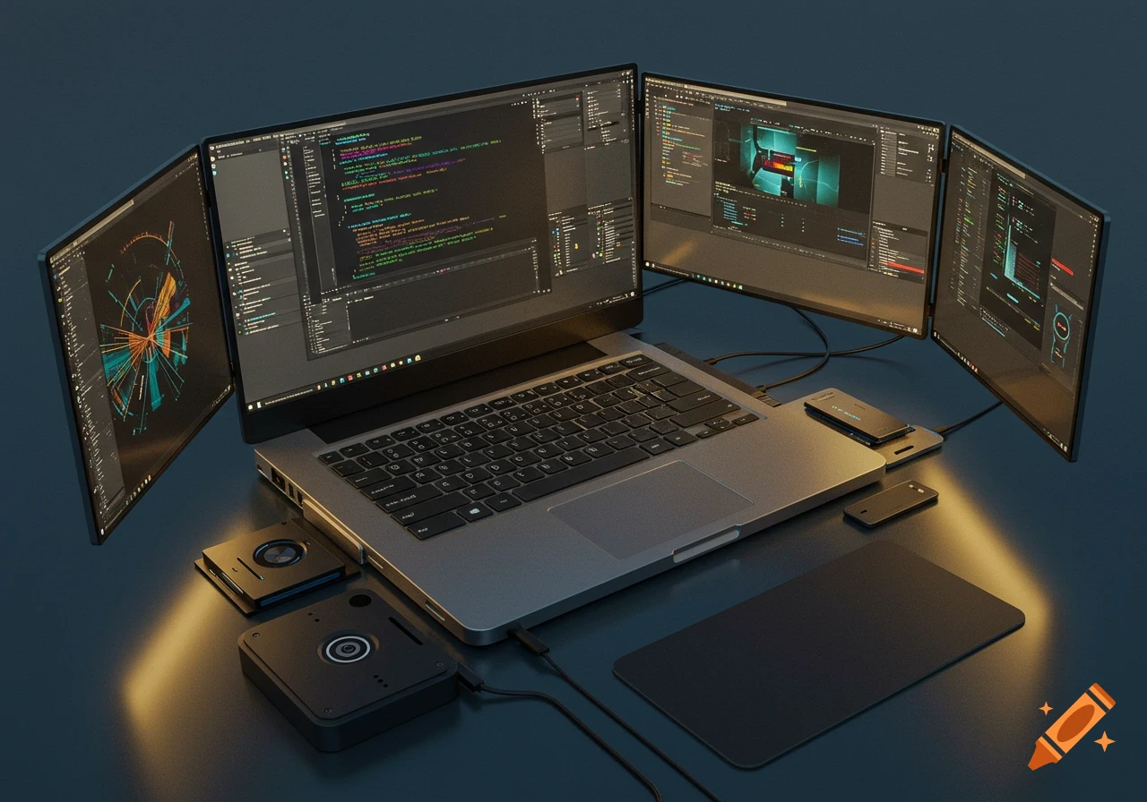 Photorealistic laptop setup with five screens displaying code and data, surrounded by tech gadgets on a dark desk.