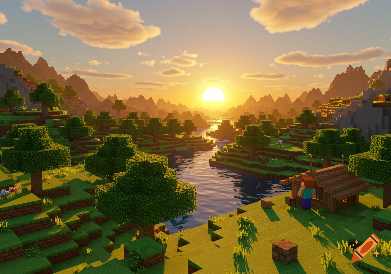 A blocky Minecraft-style landscape with a sunset over a river, surrounded by trees, a small cabin, and a character.