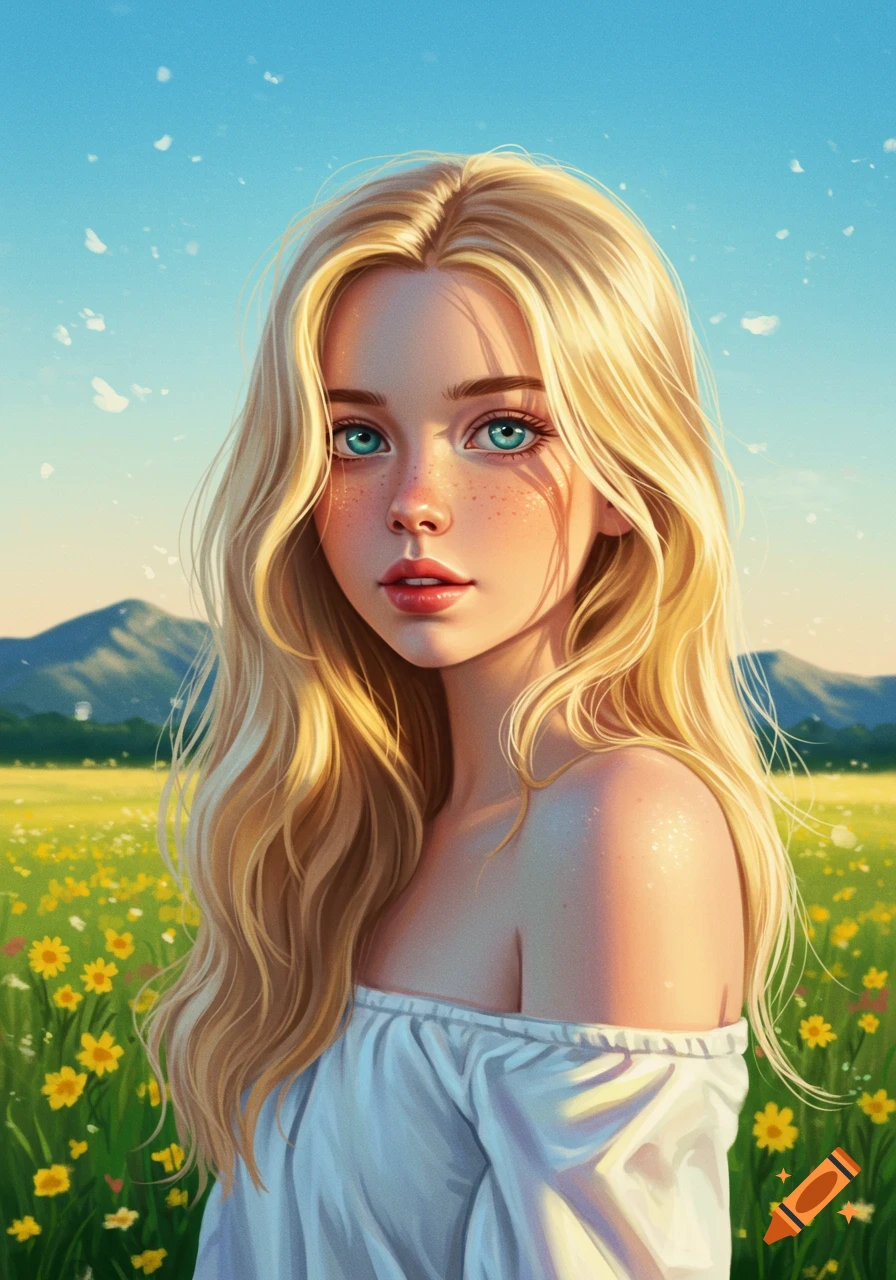 A beautiful blonde girl with blue eyes and freckles smiles, standing in a sunny field of yellow flowers under a clear blue sky, digital art.