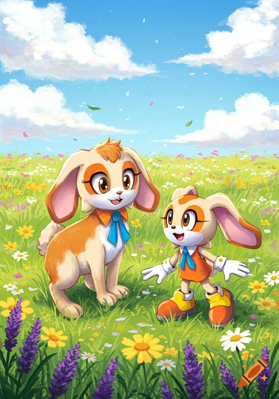 Cream the Rabbit and a rabbit-dog creature stand in a vibrant flower field under a blue sky.